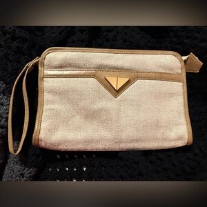 Vintage Mary Ann Rosenthal Tan Fabric Purse Clutch Wristlet with Strap